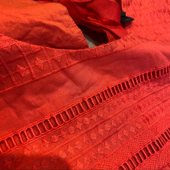 J Crew Coral Red Eyelet Embroidered Tie Neck Flutter Sleeve Shift Dress Size 4. - Picture 10 of 11